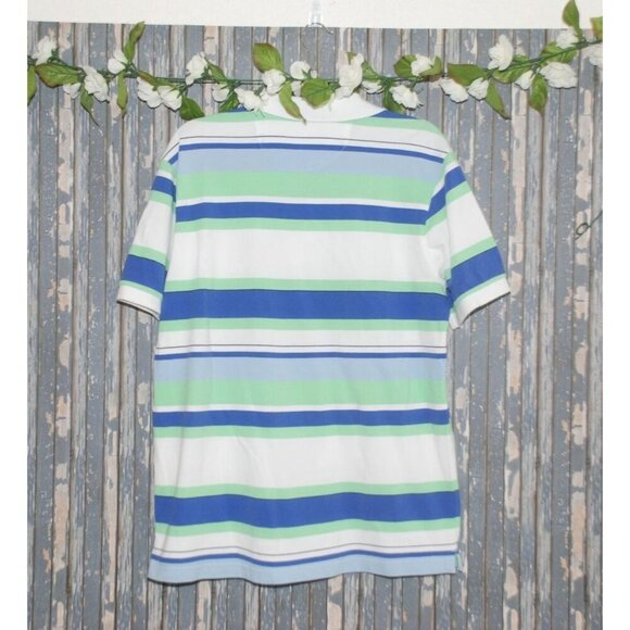 Chaps Mens Short Sleeve Polo Shirt Size L White Blue & Green Striped Preppy Golf - Picture 6 of 7
